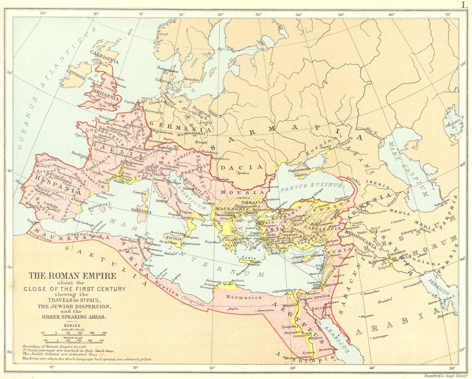 1ST CENTURY ROMAN EMPIRE. Shows St Paul's Travels & Jewish Dispersion 1897 map